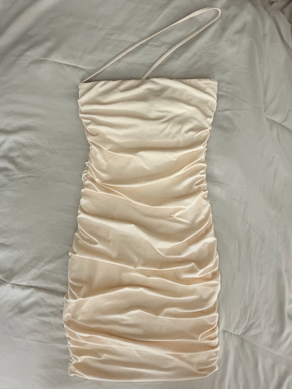 Oh Polly Champagne Ruched Satin Mini Dress – Size 2
